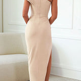 Caz Vestido midi de hombros descubiertos, con dobladillos de volantes y una abertura elegante