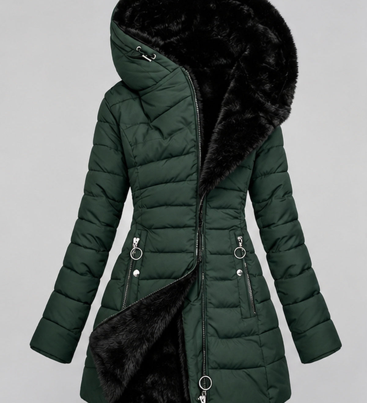 Chaqueta acolchada con capucha para mujer con forro de forro polar y cierre frontal con cremallera