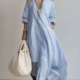 Vestido maxi de rayas azules de estilo camisero holgado