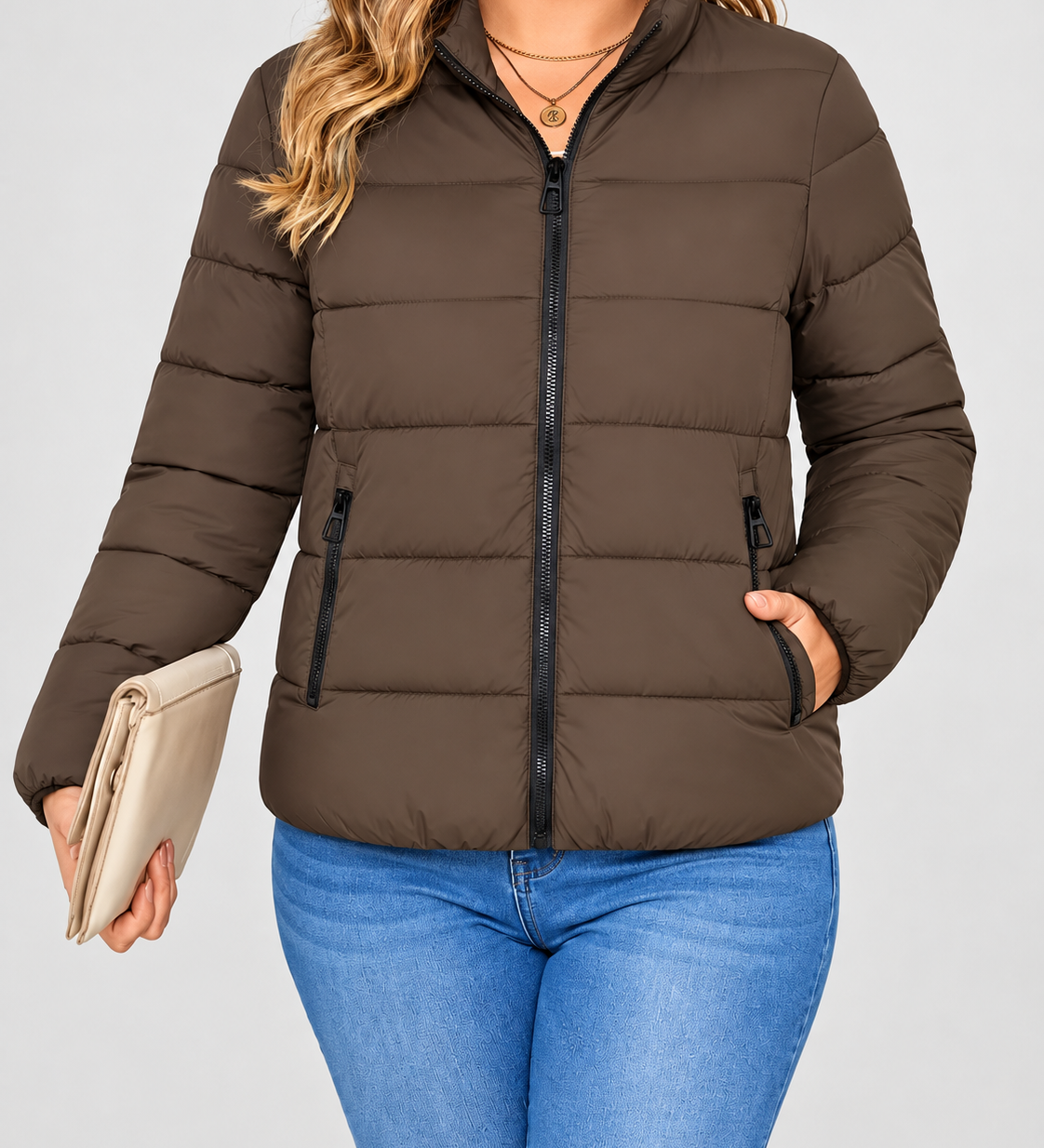 Chaqueta Acolchada para Mujer con Bolsillos con Cremallera y Cuello Alto