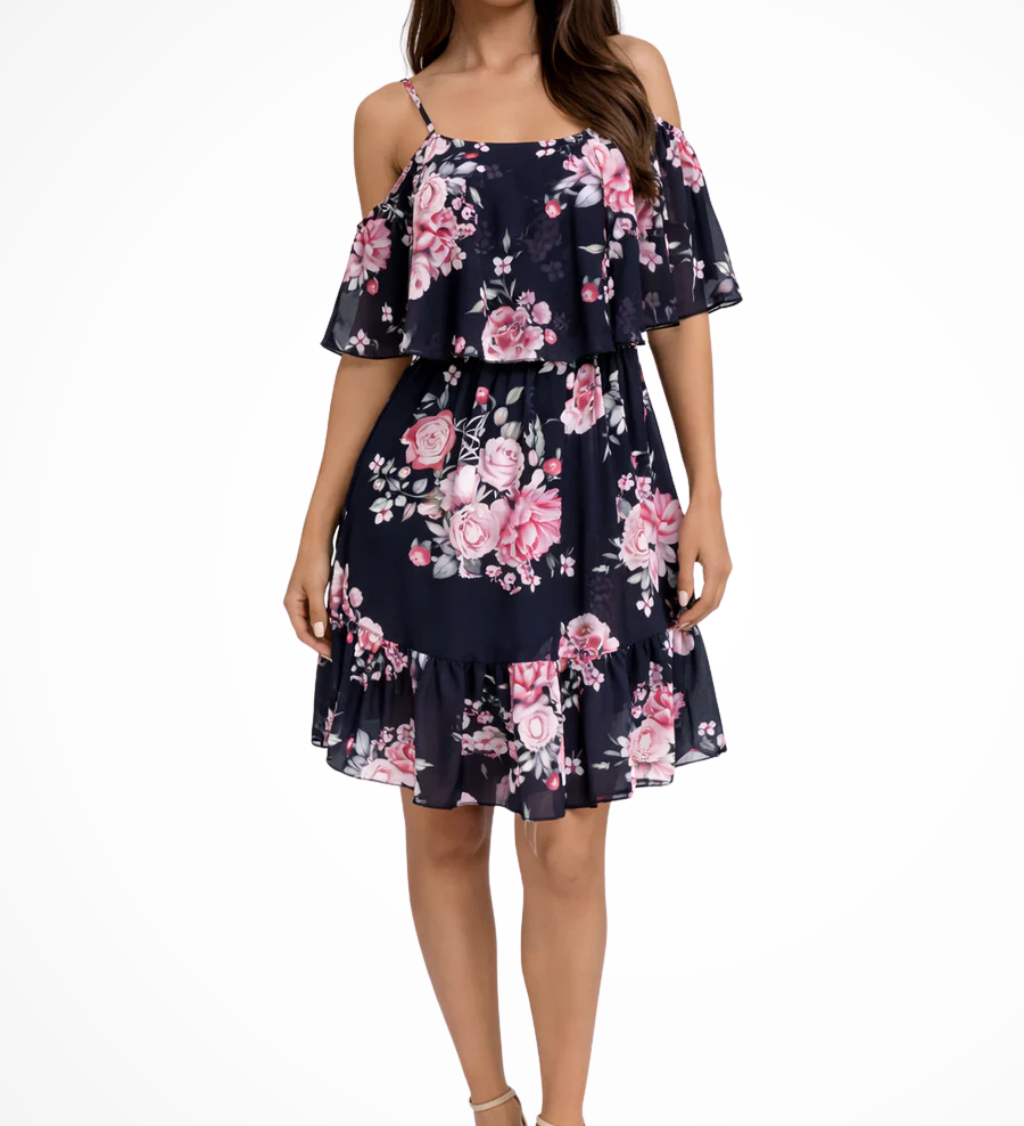 Lila | Vestido Mini Boho de Chifón con Flores y Volantes Off Shoulder para Mujeres