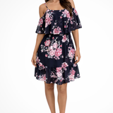 Lila | Vestido Mini Boho de Chifón con Flores y Volantes Off Shoulder para Mujeres