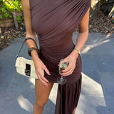 Vestido Mini Drapé de Cuello Alto Marrón