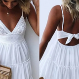 Freja | Vestido midi de verano blanco de encaje para mujer con tirantes de espagueti y espalda abierta