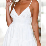 Freja | Vestido midi de verano blanco de encaje para mujer con tirantes de espagueti y espalda abierta