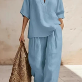 Rosalind | Conjunto de 2 piezas de lino para mujer con top de cuello en V y pantalones de pierna ancha