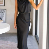 Amelina | Vestido Midi de Cuello Halter para Mujer en Satén para Invitadas de Boda