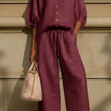 Cordelia | Conjunto de Lino para Mujeres con Blusa de Cuello Peter Pan y Pantalones de Pierna Ancha