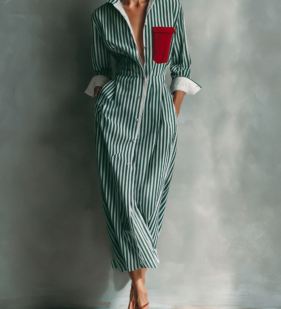 Vestido camisa para señora en azul y blanco con bolsillo de pecho rojo