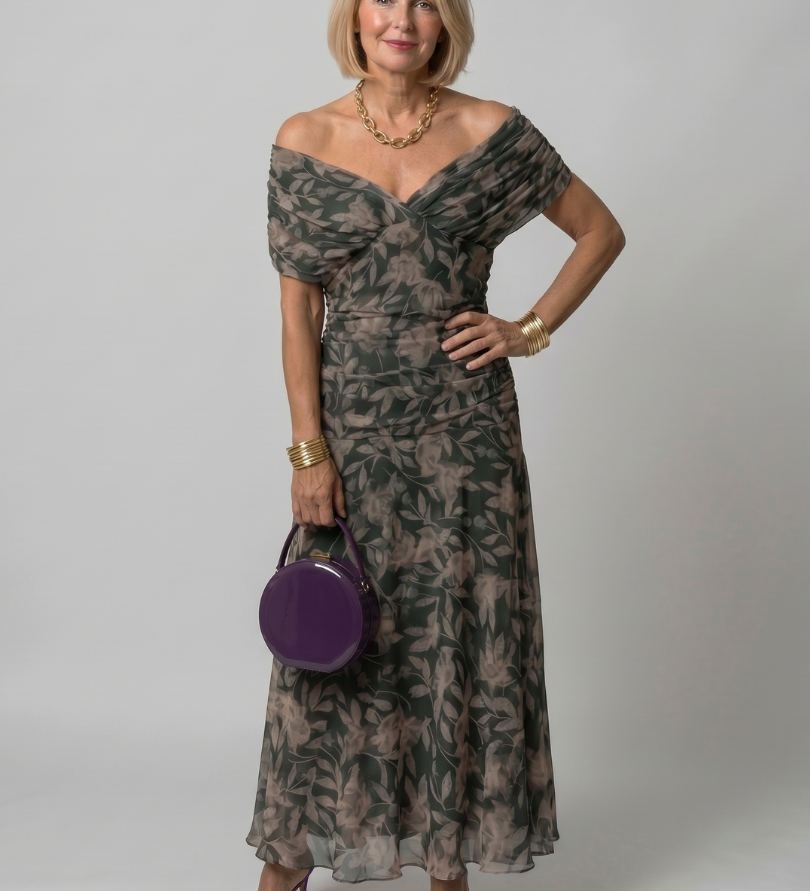 Calen | Vestido midi elegante con hombros descubiertos y diseño fluido