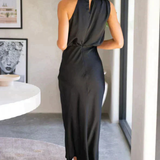 Amelina | Vestido midi de mujer estilo halter, vestido de satén para invitados a bodas