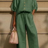 Cordelia | Conjunto de Lino para Mujeres con Blusa de Cuello Peter Pan y Pantalones de Pierna Ancha
