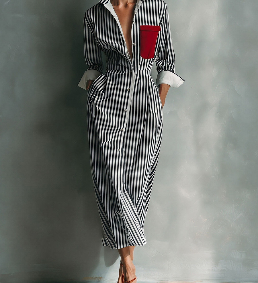 Vestido camisa para señora en azul y blanco con bolsillo de pecho rojo