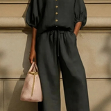 Cordelia | Conjunto de Lino para Mujeres con Blusa de Cuello Peter Pan y Pantalones de Pierna Ancha