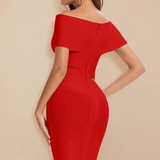 Sorrel | Vestido Midi Ajustado de Novia con Hombros Descubiertos y Frente Torcido