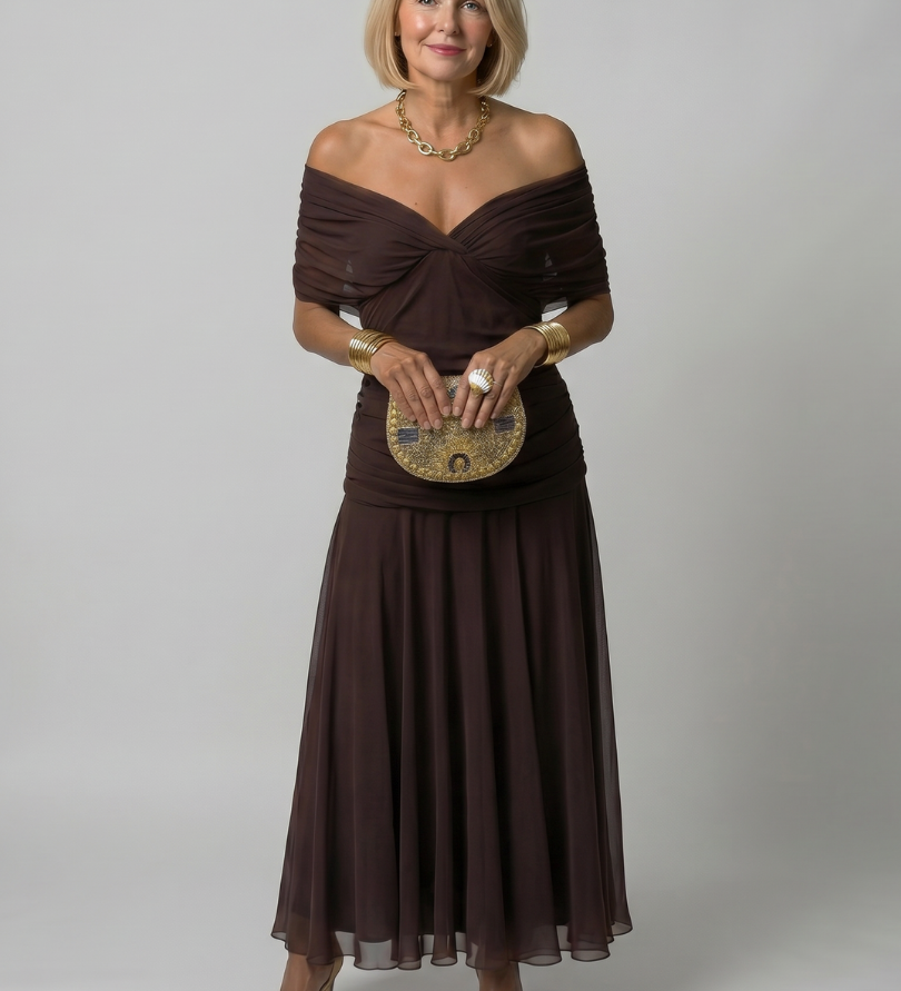 Calen | Vestido midi elegante con hombros descubiertos y diseño fluido