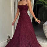 Rosa | Vestido maxi formal de mujer con tirantes de spaghetti y encaje en la parte posterior, con diseño de jacquard floral