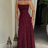 Rosa | Vestido maxi formal de mujer con tirantes de spaghetti y encaje en la parte posterior, con diseño de jacquard floral