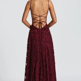 Rosa | Vestido maxi formal de mujer con tirantes de spaghetti y encaje en la parte posterior, con diseño de jacquard floral