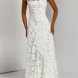 Rosa | Vestido maxi formal de mujer con tirantes de spaghetti y encaje en la parte posterior, con diseño de jacquard floral
