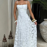 Rosa | Vestido maxi formal de mujer con tirantes de spaghetti y encaje en la parte posterior, con diseño de jacquard floral