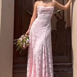 Rosa | Vestido maxi formal de mujer con tirantes de spaghetti y encaje en la parte posterior, con diseño de jacquard floral