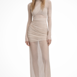 Auryn | Vestido maxi de invitada de boda ajustado de manga larga de malla transparente