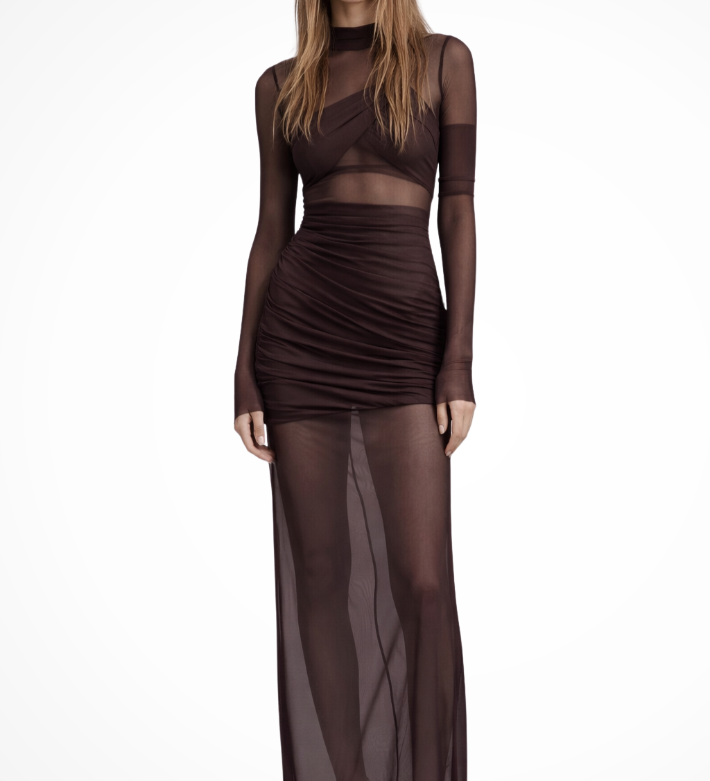 Auryn | Vestido maxi de invitada de boda ajustado de manga larga de malla transparente