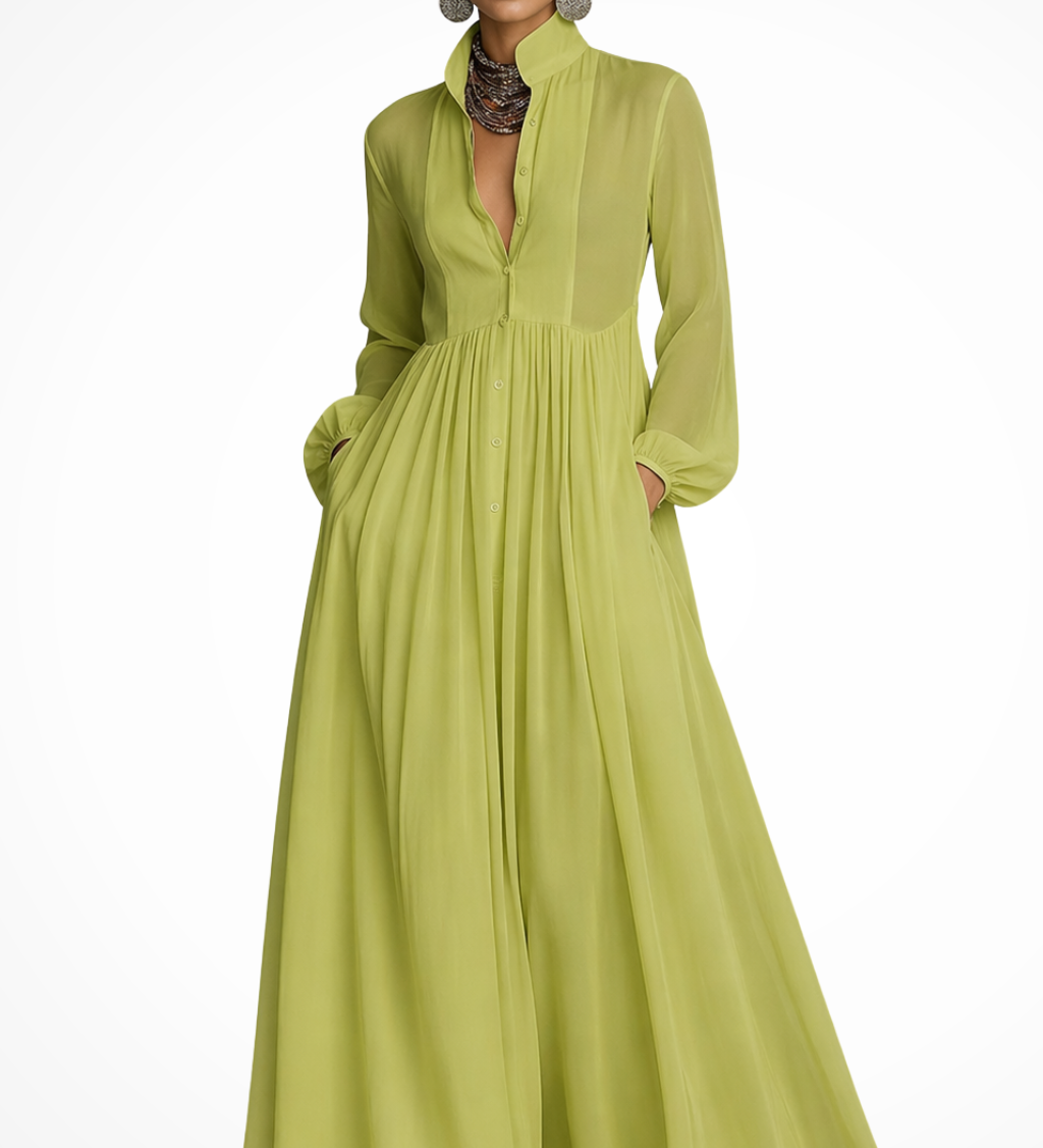 Winifred | Vestido maxi de fiesta de jardín para mujer con mangas largas y botones en la parte delantera, con bolsillos