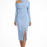 Delphina | Vestido midi de invitada de boda asimétrico de un solo hombro para mujer