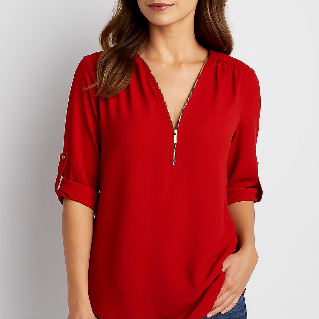 Blusa femenina fluida con escote en V y mangas dobladas