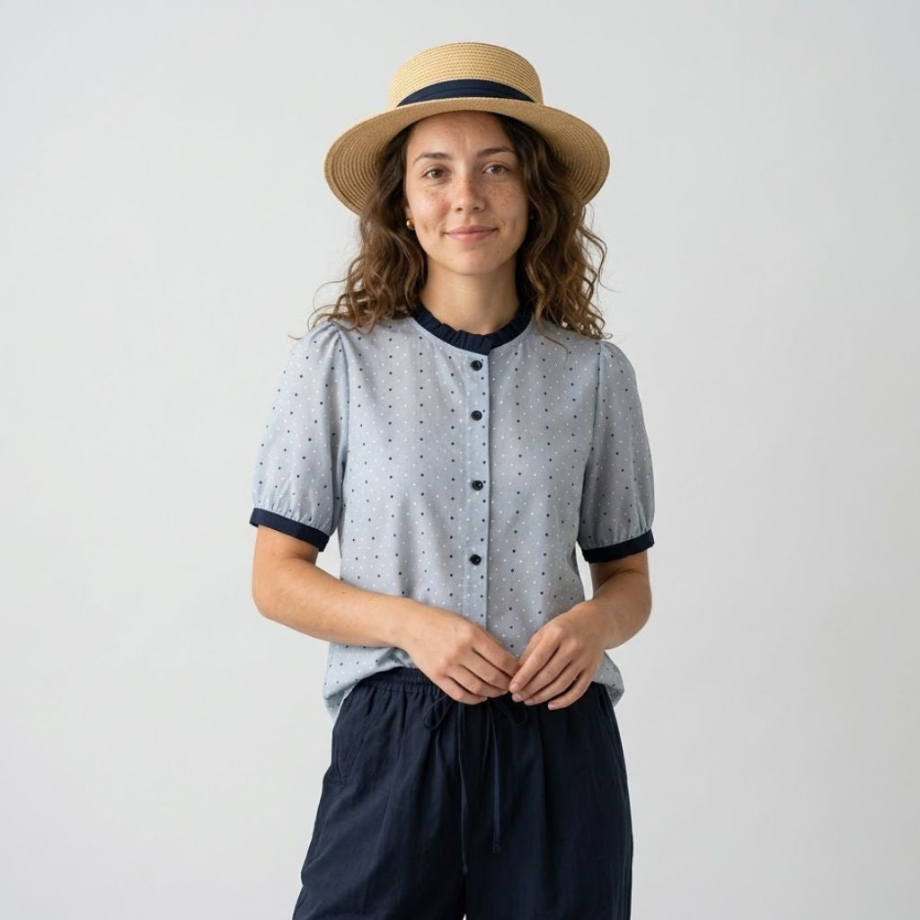 Blusa Ligera con Cuello Contrastante y Detalle Perforado Elegante