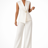 Isolde | Conjunto de Traje Blanco para Mujeres: Blazer Sin Mangas con Escote en V y Pantalones de Pierna Ancha