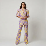Conjunto estampado fluido en mezcla ligera | Top con mangas voluminosas y pantalones anchos | Elegancia expresiva