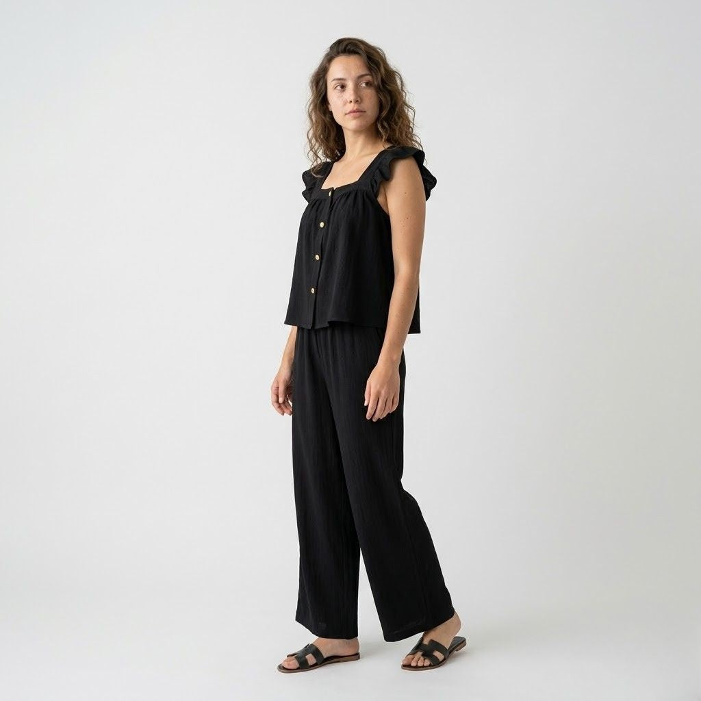 Conjunto Fluido con Top con Volantes y Pantalón Amplio Confortable