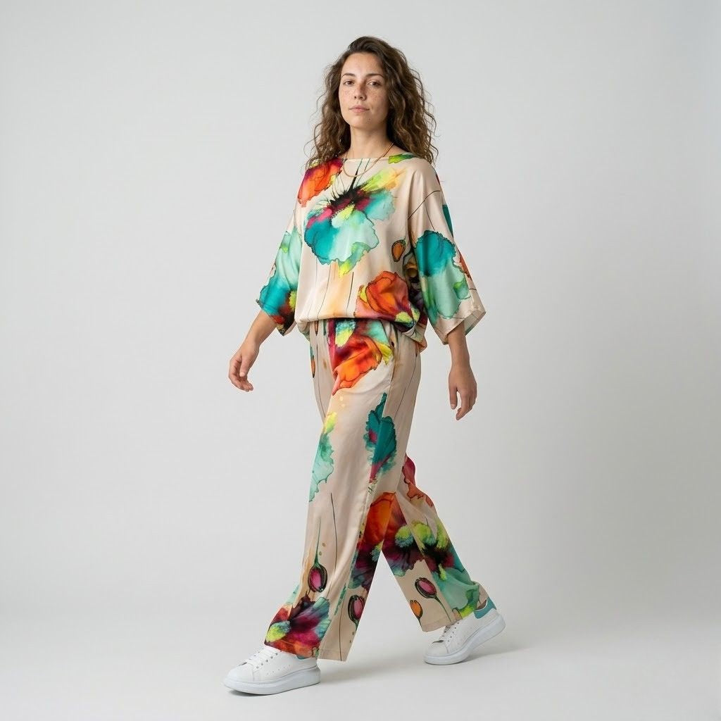 Conjunto Fluido Estampado con Blusa Suelta y Pantalón de Pierna Ancha