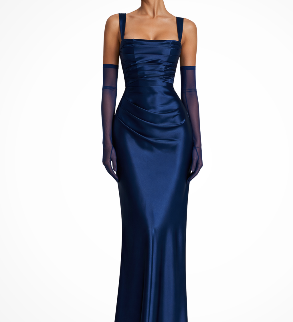 Vivienne | Vestido largo de satén con escote cuadrado y fruncidos para invitadas de boda