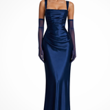 Vivienne | Vestido largo de satén con escote cuadrado y fruncidos para invitadas de boda
