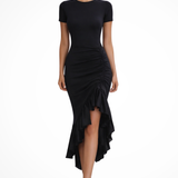 Clarissa | Vestido maxi de invitada de boda con volantes asimétricos y fruncidos para mujer
