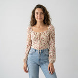 Blusa Ajustada con Escote Fruncido y Mangas Voluminosas Románticas