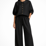 Cordelia | Conjunto de Lino para Mujeres con Blusa de Cuello Peter Pan y Pantalones de Pierna Ancha