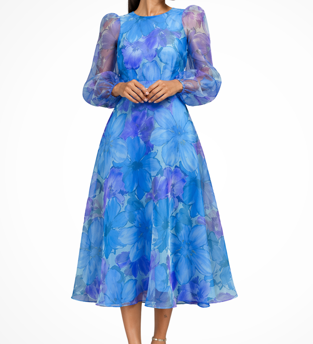 Genevieve | Vestido Midi de Flores con Mangas Abullonadas para Invitadas de Boda