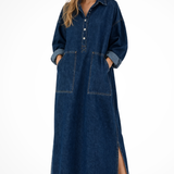 Margot | Vestido maxi de mezclilla para mujer de talla grande con mangas largas y cuello
