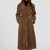 Abrigo Trench Largo de Suede Marrón para Mujer con Frente Doble Botonadura y Cinturón