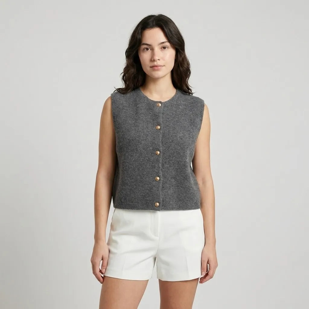 Minimalismo suave en malla | Chaleco sin mangas con botones | Elegancia casual