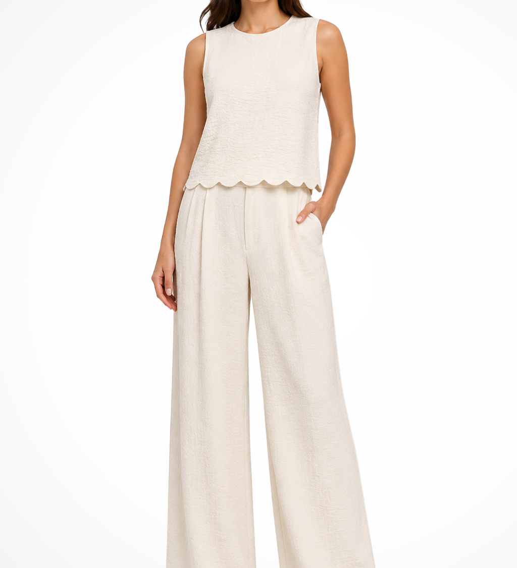 Corinna | Conjunto de Top Sin Mangas con Dobladillo de Concha y Pantalones de Pierna Ancha Texturizados