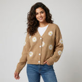Cardigan Femenino de Punto con Botones y Patrón Floral