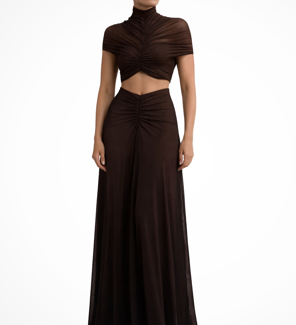Marienna | Vestido maxi de invitada de boda con cuello alto y mangas cortas fruncidas para mujer