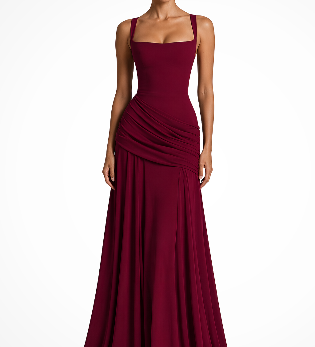 Lavinia | Vestido maxi de invitada de boda con escote cuadrado y fruncidos