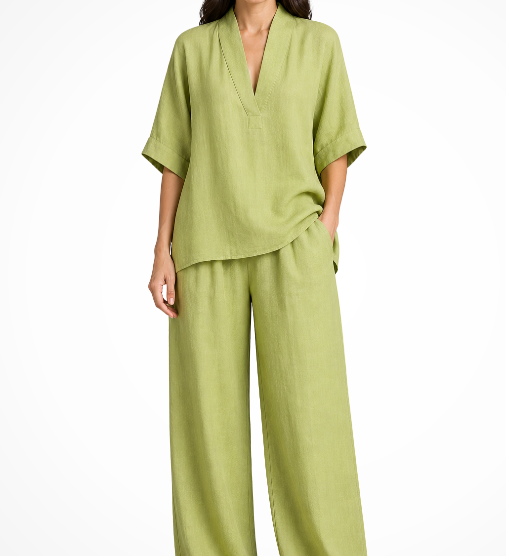 Rosalind | Conjunto de 2 piezas de lino para mujer con top de cuello en V y pantalones de pierna ancha